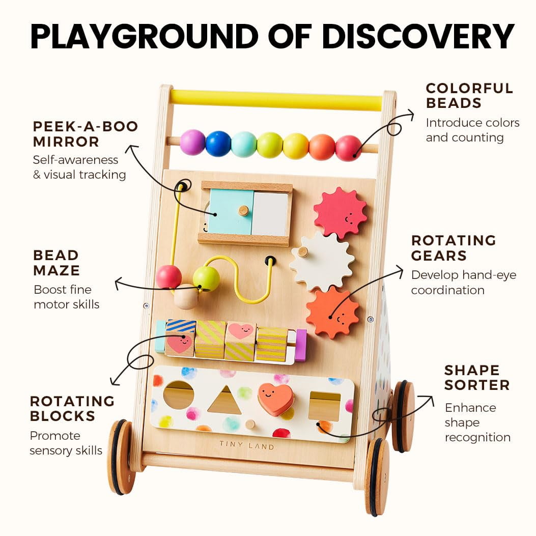 Tiny Land Wooden Baby Walker, Adjustable Speed Baby Push Walker for Boys and Girls, Montessori Activity Center Push Toy for Kids Development