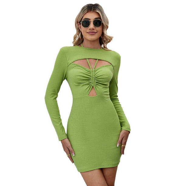 Women Puff Sleeve Mini Bodycon Dress Cut Out Warp Party Club Short Dresses  Mini Bandage Dress - Medium