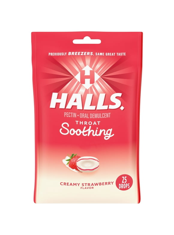 HALLS Throat Soothing (Formerly HALLS Breezers) Creamy Strawberry Throat Drops, 25 Drops