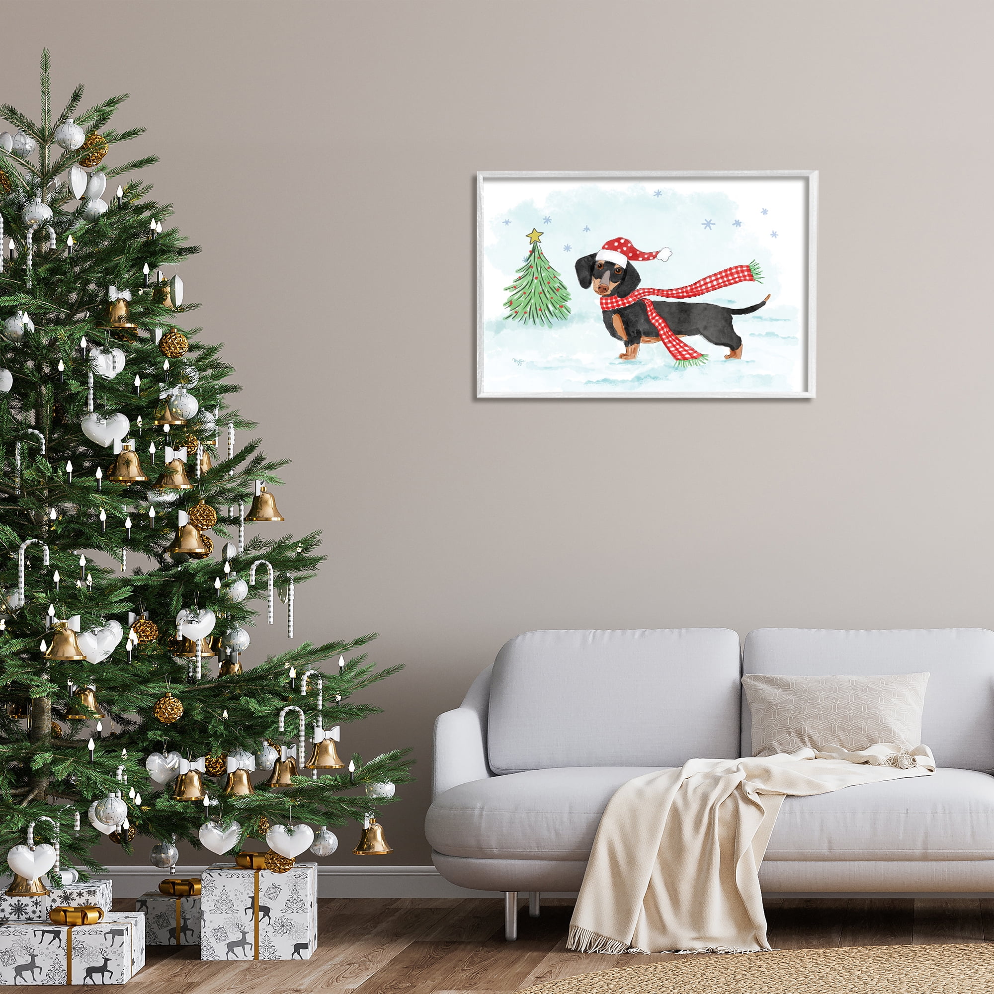Stupell Industries Dachshund with Scarf Holiday Painting White Framed Art Prints Wall Art, 30 x 20
