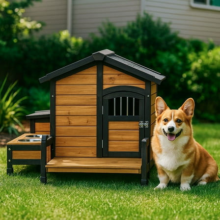 KOMMO KASA Wooden Outdoor Dog House with Feeding Bowls and Front Porch, Weatherproof Pet Kennel for Small and Medium Dogs, Brown and Black