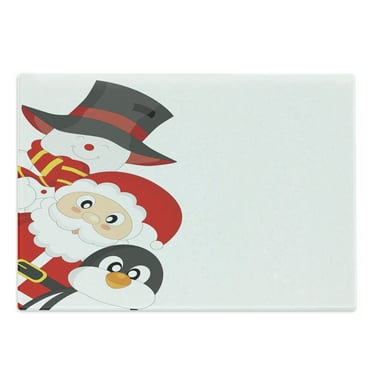 Christmas Cutting Board, Friendly Happy Santa Claus Penguin Snowman Holiday Design, Decorative Tempered Glass Cutting and Serving Board, Large Size, Charcoal Grey Red White, by Ambesonne