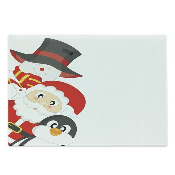 Christmas Cutting Board, Friendly Happy Santa Claus Penguin Snowman Holiday Design, Decorative Tempered Glass Cutting and Serving Board, Large Size, Charcoal Grey Red White, by Ambesonne