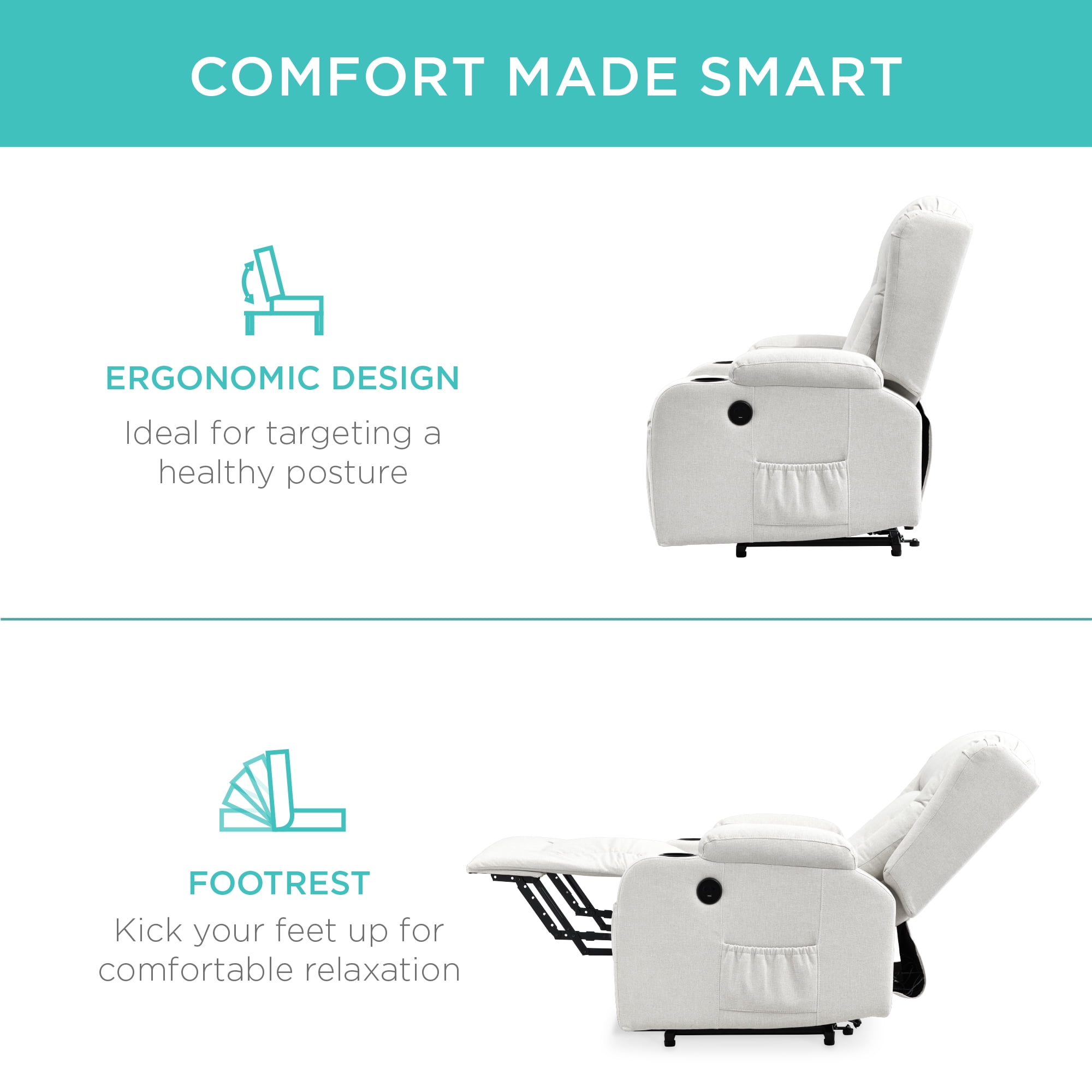 Best Choice Products Electric Power Lift Linen Recliner Massage Chair Furniture w/ USB Port, Heat, Cupholders - Ivory