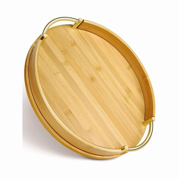 14Inch Round Bamboo Serving Tray with Handles - Decorative Tray,Breakfast Tray, Coffee Table Tray, Ottoman Tray,Kitchen