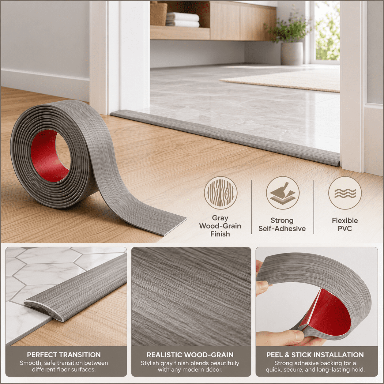 Yeslife 1 pc Self Adhesive Floor Transition Strip, 10 ft x 1.57 in, Gray Vinyl, Flexible Waterproof Gap Cover for Laminate, Tile and Carpet Flooring