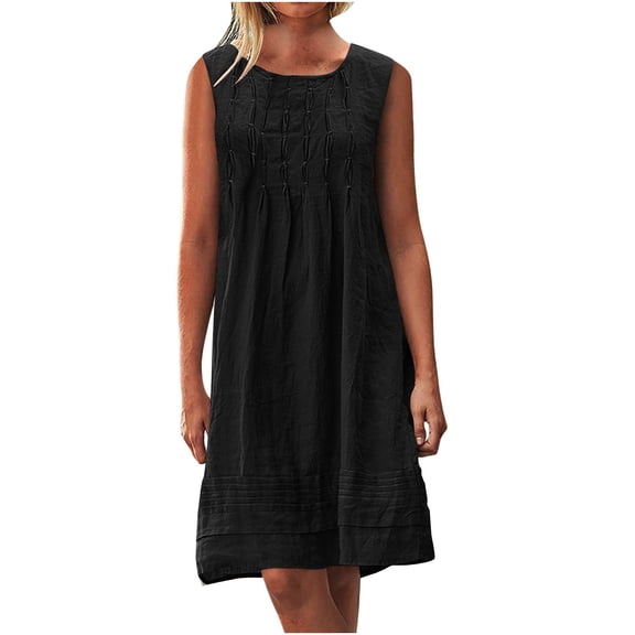 Summer Dresses Solid Color Crew Neck Ruched Midi Dresses for Women Sleeveless Cotton and Linen Beach Dress Casual Loose Fit Plus Size Dress Black XXL