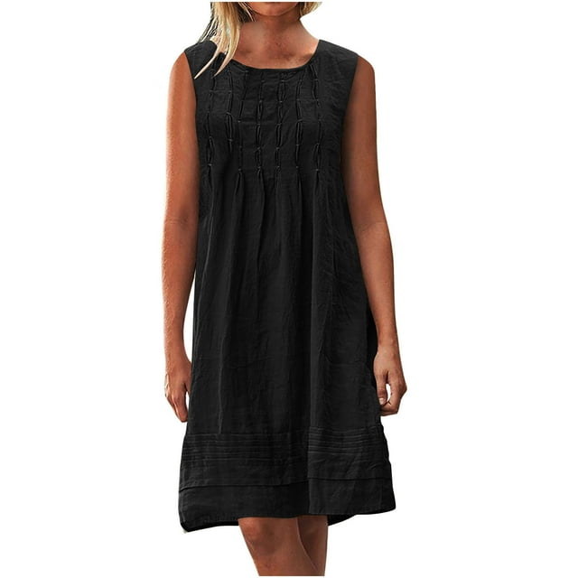 yoeyez Summer Linen Robe Maxi pour Femmes, Robe d'Été Plissée à Manches Cap pour Dames Grande Taille, Col Rond, Mini-Robe Décontractée Froncée, Coupe Ample, Ligne A, Robes de Plage Noires, P