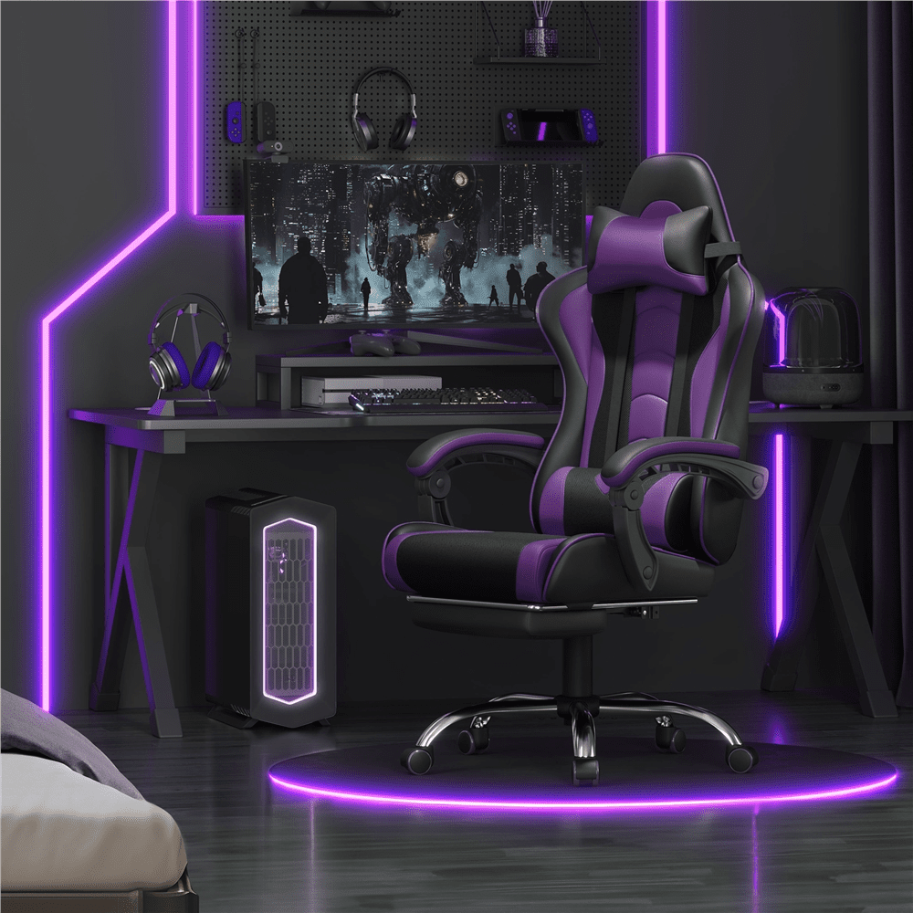 Alden Design High Back Reclining Ergonomic Gaming Chair with Slide Out Footrest, Black/Purple