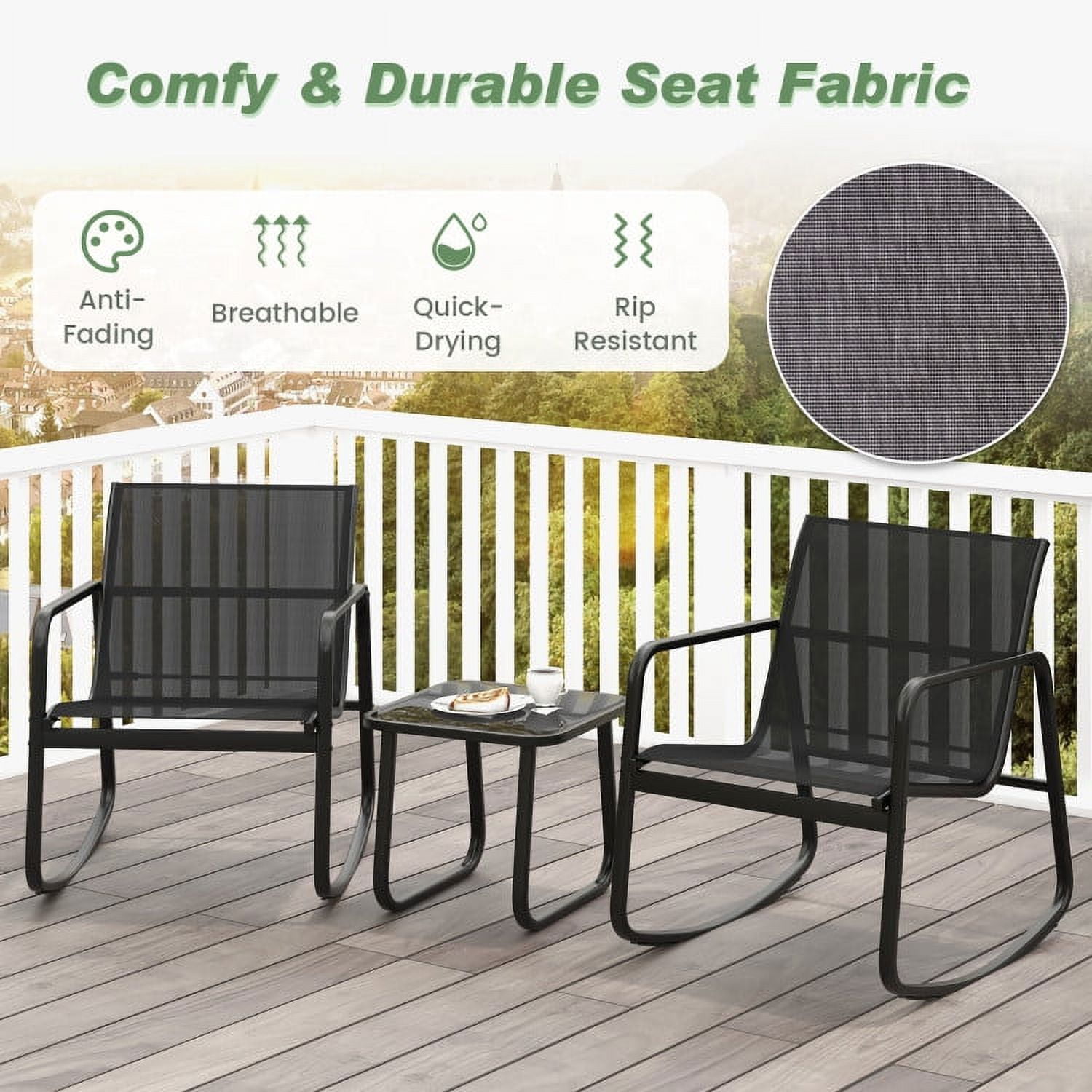Aimee Lii Patio Furniture Set with 2 Rocking Bistro Chairs and Glass Top Table for Porch Yard Balcony, Black Aimee Lii Patio Furniture Set with 2 Rocking Bistro Chairs and Glass Top Table for Porch Yard Balcony, Black