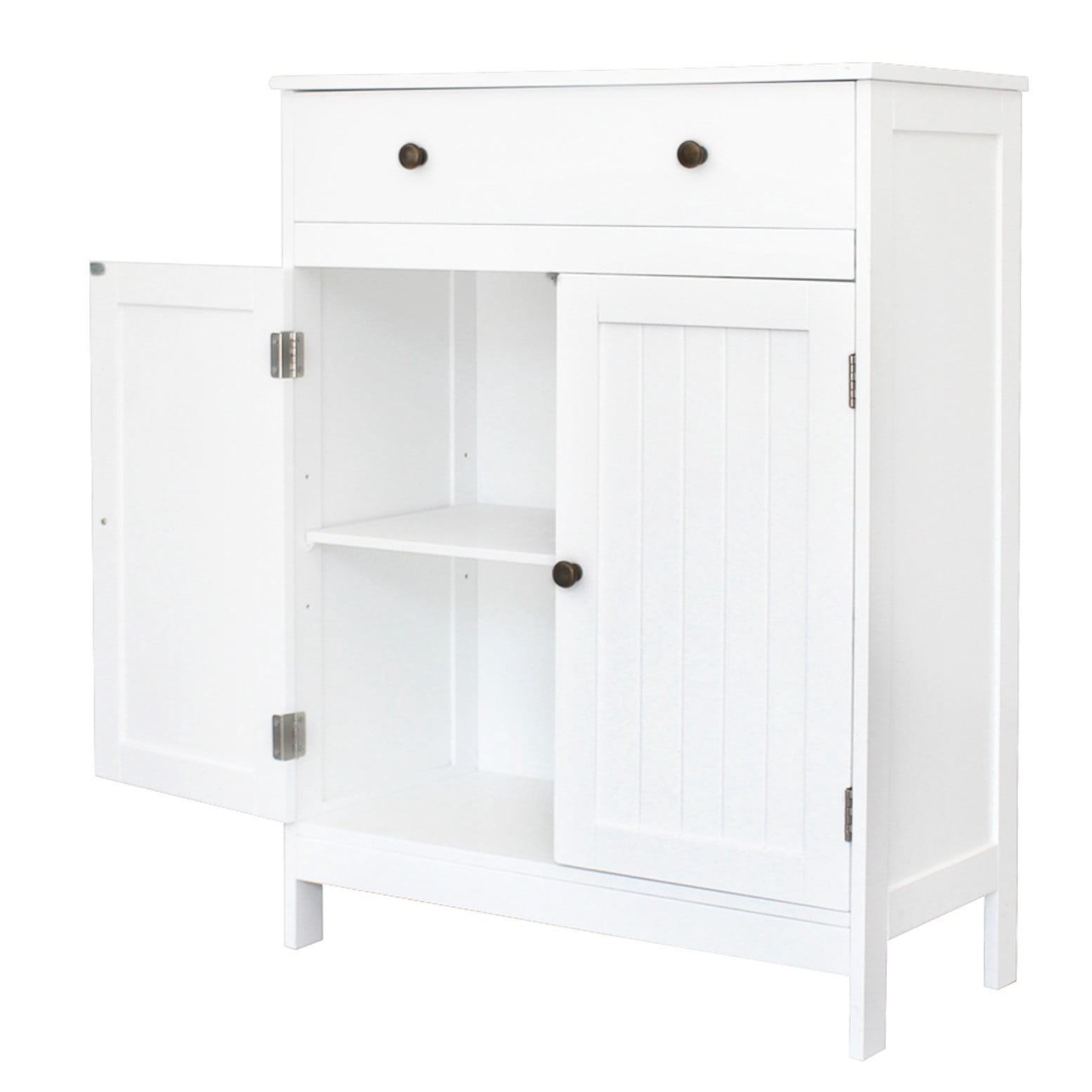 Hassch Multi-Purpose Freestanding Cabinet w/ Storage Drawer, Classic White MDF Cabinet with Double Doors & Bronze Handle, for Bathroom Dining Room Porch