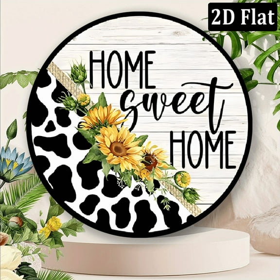 Home Sweet Home Metal Sign with Sunflowers & Cow Print Wreath - Rustic Round Wall Decor for Indoor_Outdoor, Durable Weather-Resistant Door Hanger Plaque, No Electricity Needed, Metal Yard Decor