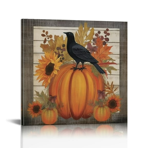 JRXY Fall Autumn Pumpkin Harvest Bird Sunflowers Framed Canvas Wall Art Decor, Autumn Sunflower Harvest Print Painting for Living Room Bedroom 12x12 in
