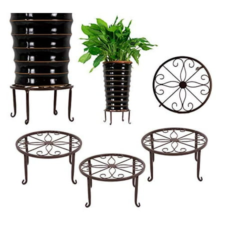 Chevron Plant Stand 3 Pack Iron Potted Plant Stands Flower Pot Holder 9 inches Heavy Duty 50lb Pre-Assembled Round Rack, Bronze Color ()