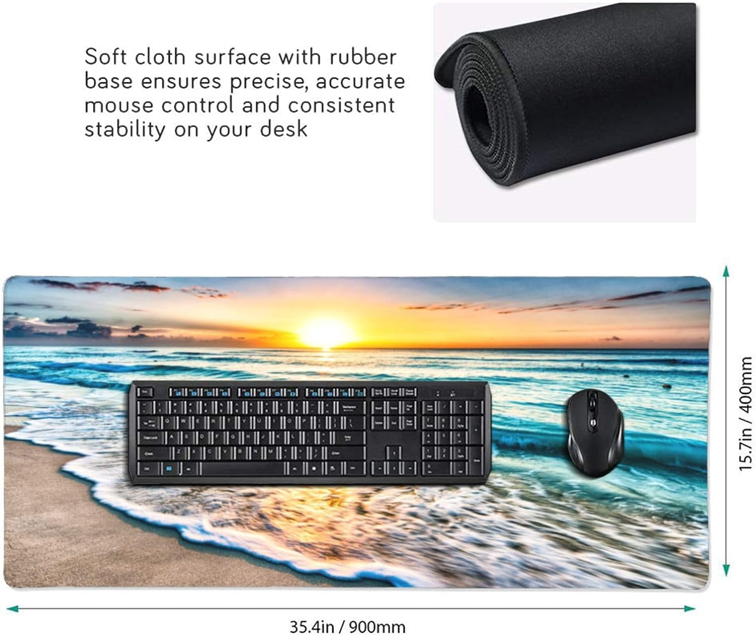 Blue Beach Ocean Gaming Mouse Pad Desk Mat XXL 35.4×15.7 Inch Sunrise Sunset Sea Extended Mousepad 40X90cm with Non-Slip Rubber Base Stitched Edge Large Desk Pad for Gamer Office Home Work