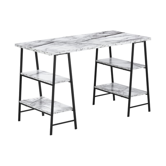 48 inch Black White Marble Look Laminate Computer Desk with Storage Shelves for Home Office Work and Laptop in for Home Office
