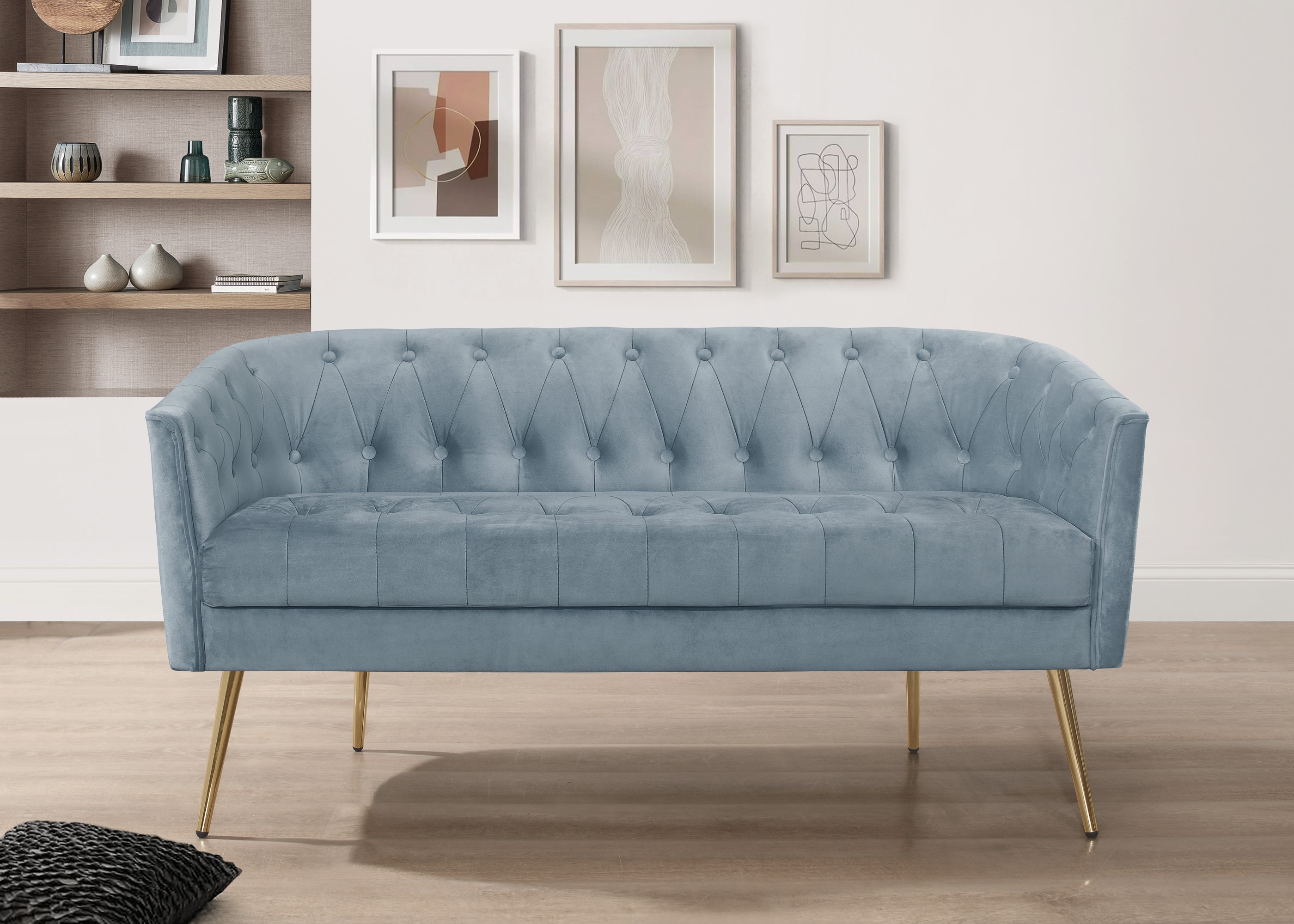 Home Design Cassy Velvet Flared Arm Loveseat with Coffee Table, Gold Metal Legs and Modern Accent Seating