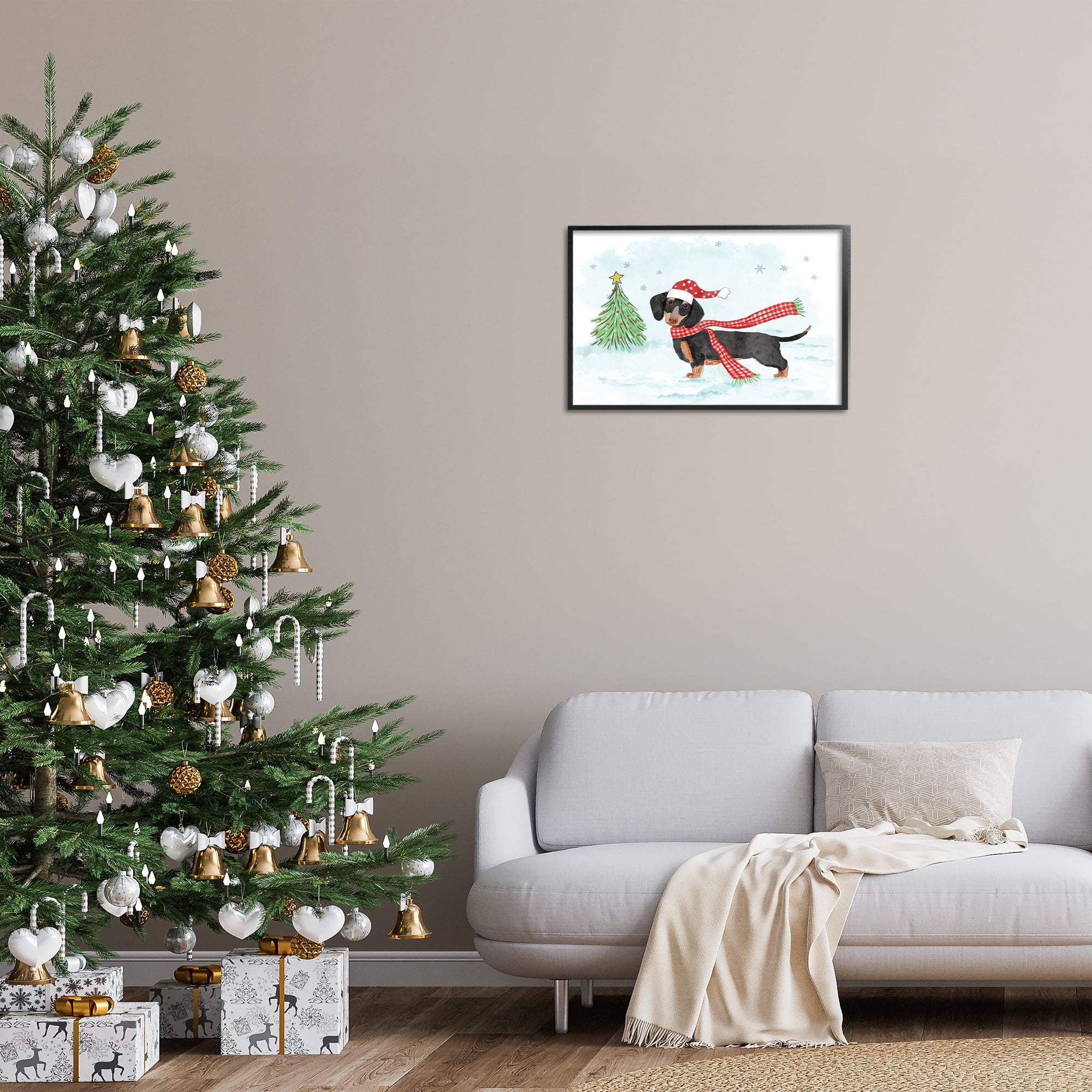 Stupell Industries Dachshund with Scarf Holiday Painting Black Framed Art Prints Wall Art, 24 x 16