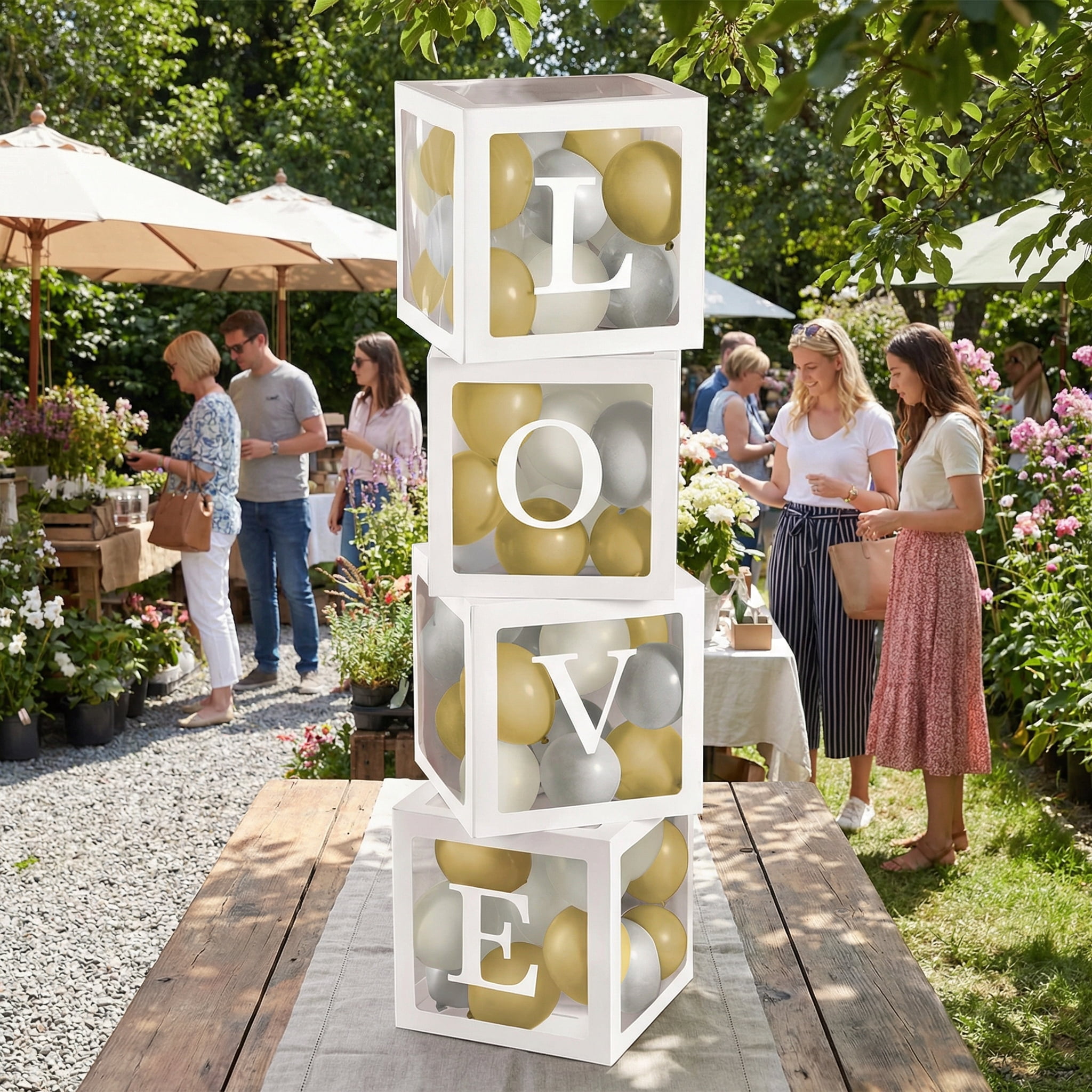 Love Balloon Boxes Set of 5 with 65 Gold & Silver Latex Balloons, 11.75in Cardstock Party Decoration Boxes, Easy Assemble for Birthday, Wedding, Engagement, Anniversary