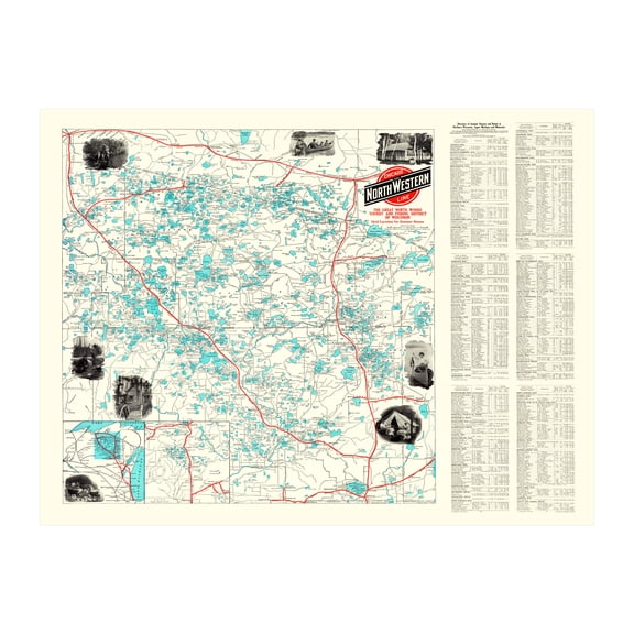 Wisconsin North Woods Lakes Art, 1922 Vintage Map of Wisconsin North Woods Lakes History Wall Decor Gift, Old Wisconsin North Woods Lakes Map - 36" x 24" Unframed Print