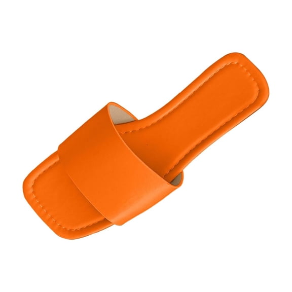 KIJBLAE Women's Solid Color Square Toe Flat Slides, Wide Width Non Slip Casual Slippers for Beach Pool Summer Orange 38