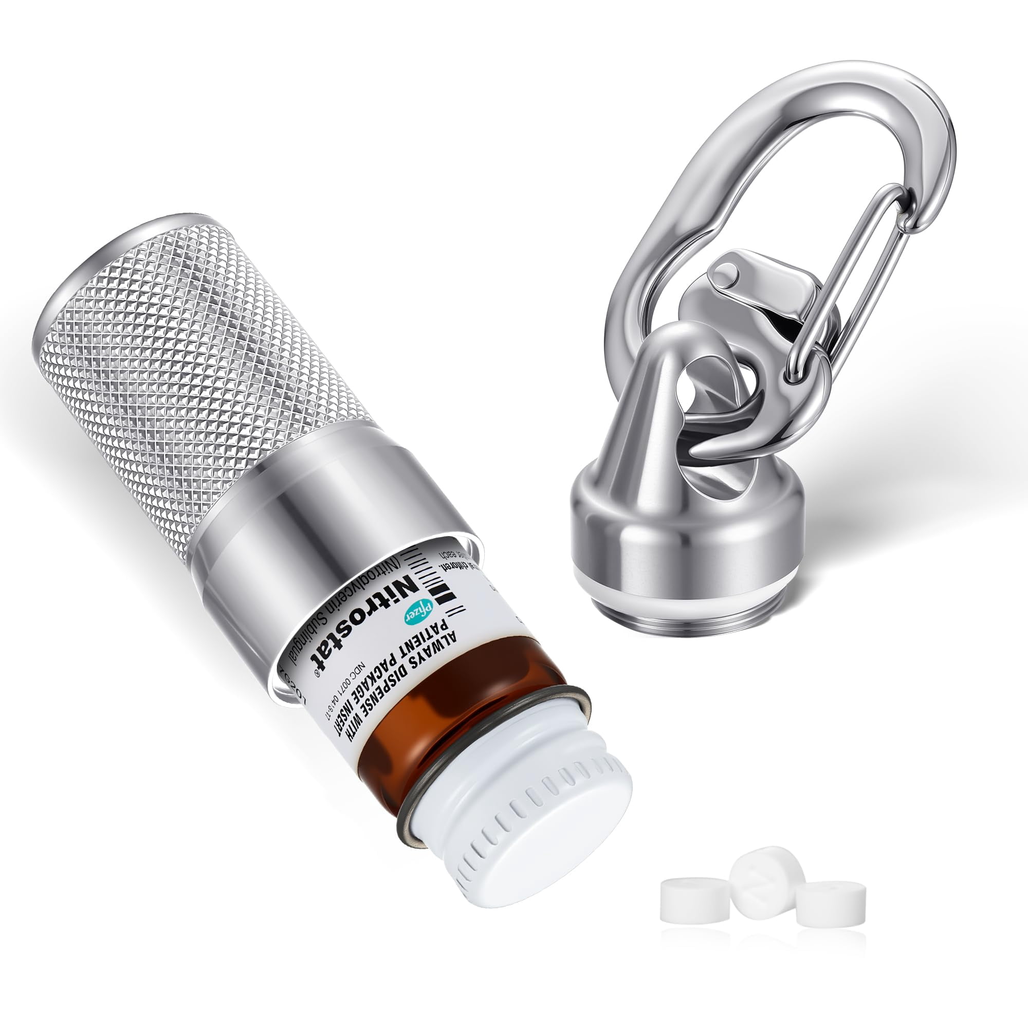 Divoti Stainless Steel Pill Holder Keychain Upgraded- Waterproof, Airtight, Fits Standard Nitroglycerin Pill Case, Emergency Medication Container with Carabiner Clip for Travel, Hiking, and EDC
