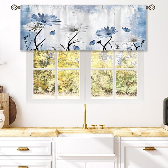 Rustic Blue Daisy Floral Curtain Valance for Window Treatments Farmhouse Flower Rod Pocket Kitchen Treatment Butterfly Country Drapes for Bathroom Bedroom Living Room 1 Panel (52x18 Inch)