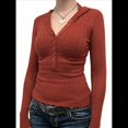 thumbnail image 2 of Suéteres de Mujer, Camisetas de Punto Acanalado con Cuello en V y Larga, Blusas Casuales con Botones, Tendencia de Otoño 2025. Rojo Óxido L, 2 of 7