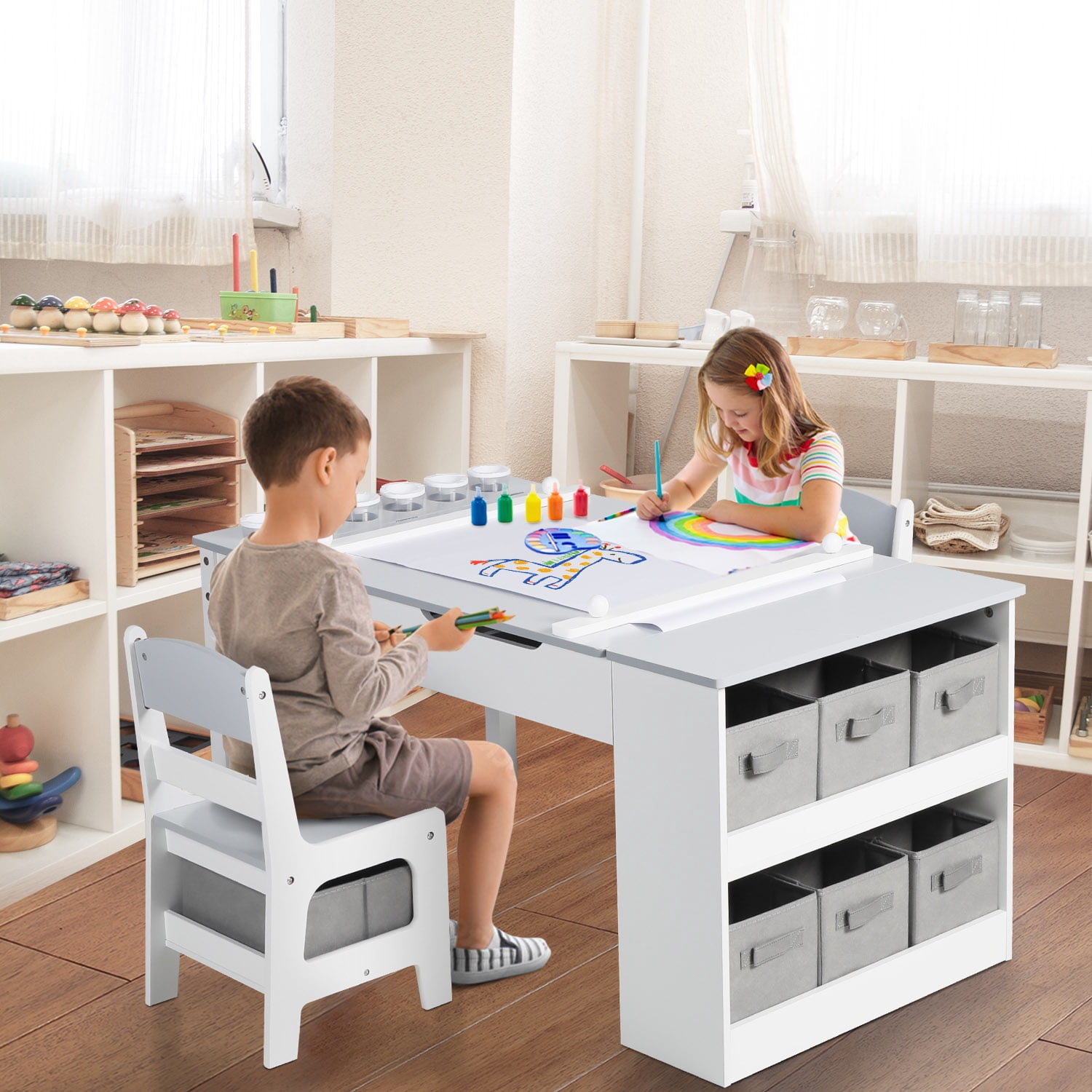 LINLUX Kids Table and Chair Set with Paper Roll, 3-in-1 Activity & Drawing Table, Toddler Art Desk with Storage Shelves, Children Study Play Table Set, Grey