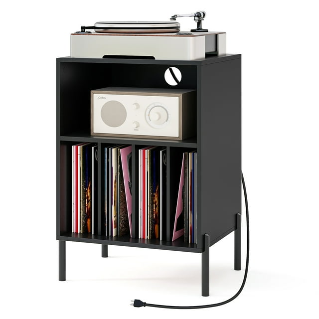 Giantex Record Player Stand, Turntable Side Table Nightstand w/Charging Station & Vinyl Record, Storage Cabinet, Black
