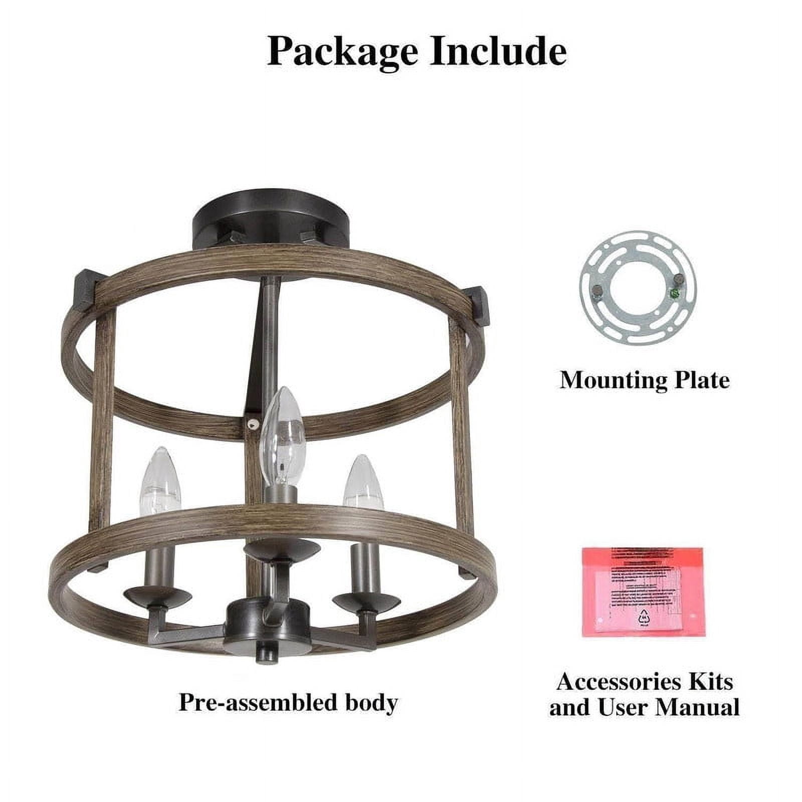 LNC 3-Light Rustic Drum Semi Flush Mount Ceiling Light with Wood Grain Metal Frame