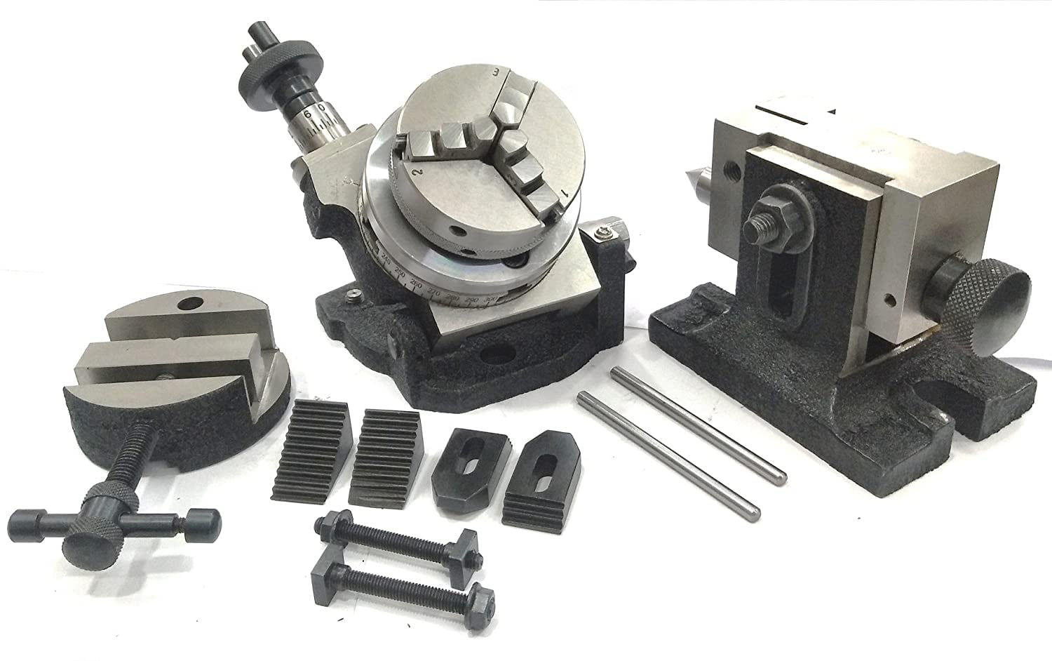 Rotary Table 4" Tilting with 65mm  Chuck Adjustable Tailstock & Clamping Kit 
