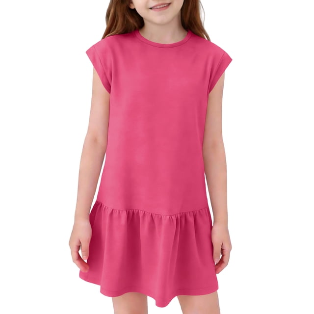 Niña Vestido de Primavera Estiramiento Suave Cómodo Casual Vestidos Sueltos para 5-14 Años Vestido de Verano de Manga Corta