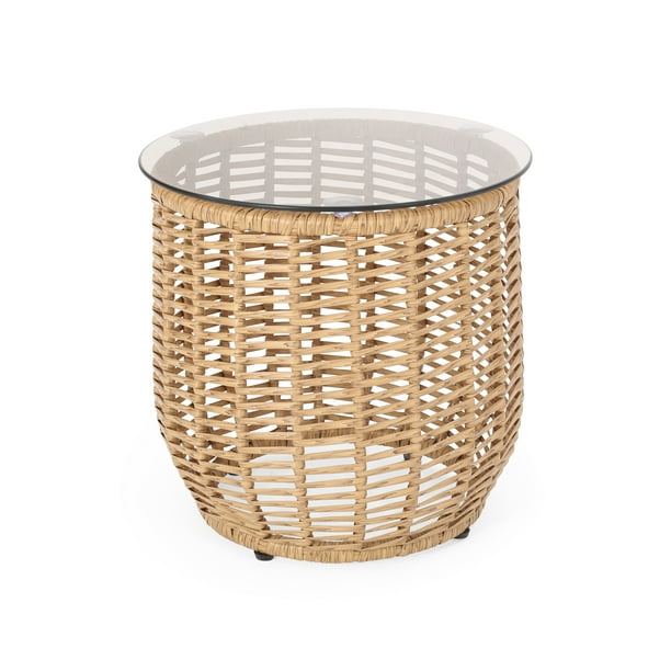 Kriday Wicker Side Table with Tempered Glass Top, Light Brown - Walmart.com - Walmart.com