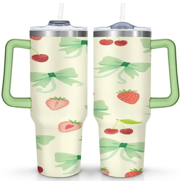 Cute Kawaii Strawberry 40oz Tumbler - Insulated Stainless Steel Cup with Straw - Sweet Berry & Flowers Design for Students