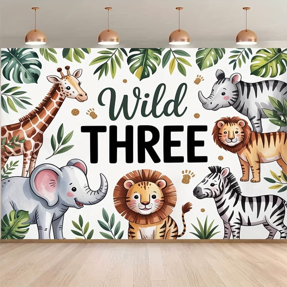 Young Wild and Three Backdrop Safari Theme 3rd Birthday Photography Background Green Tropic Leaves Giraffe Zebra Elephant 3rd Birthday Party Decorations Banner Supplies Photo Booth Props