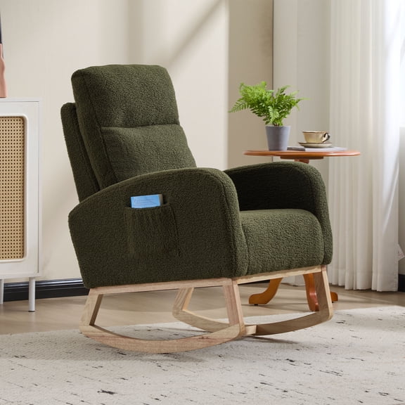 Modern Rocking Chair with High Back & Side Pocket, Nursery Glider Upholstered Armchair, 300 lbs Capacity