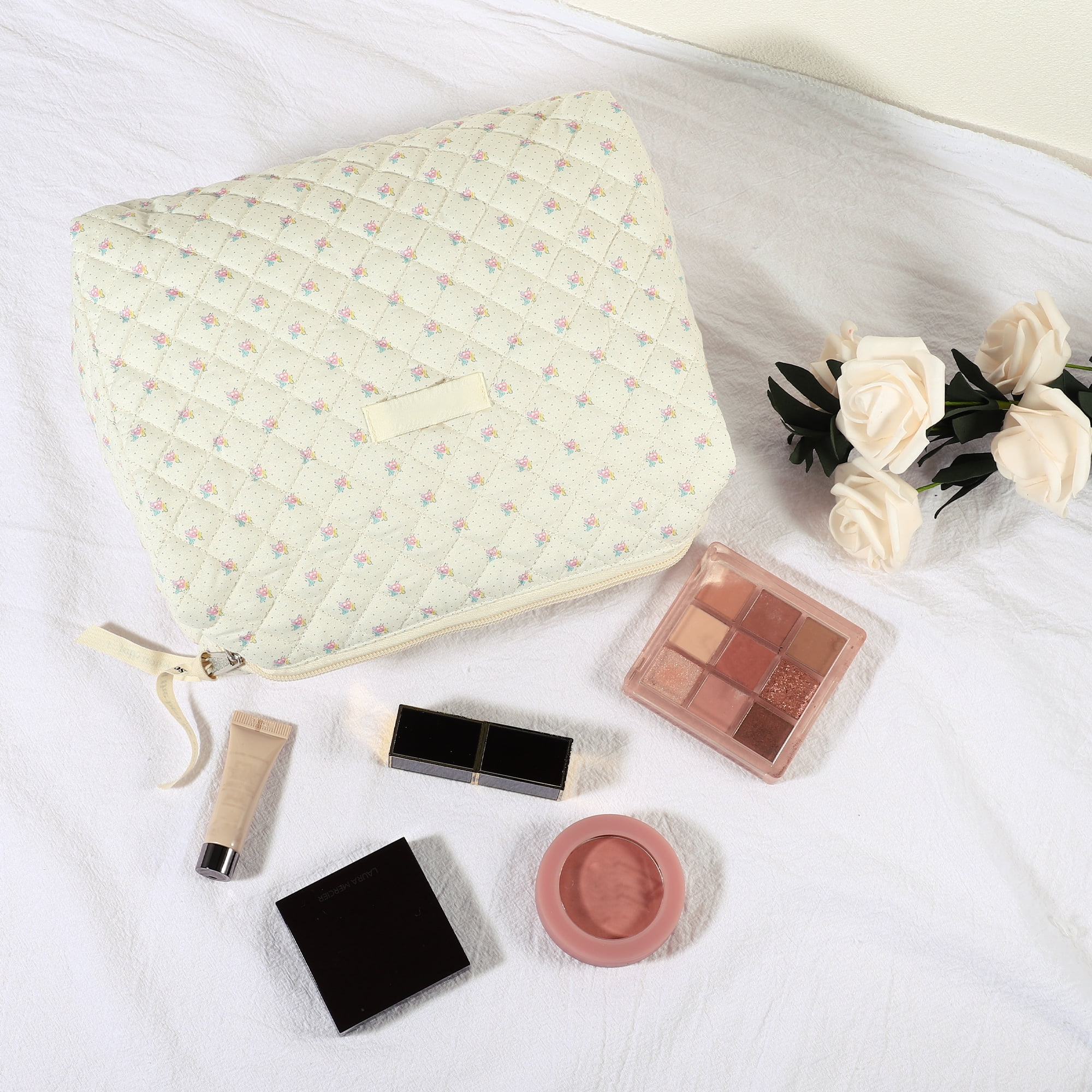 Unique Bargains Large Travel Cosmetic Pouch Quilted Toiletry Cotton Makeup Bag Beige