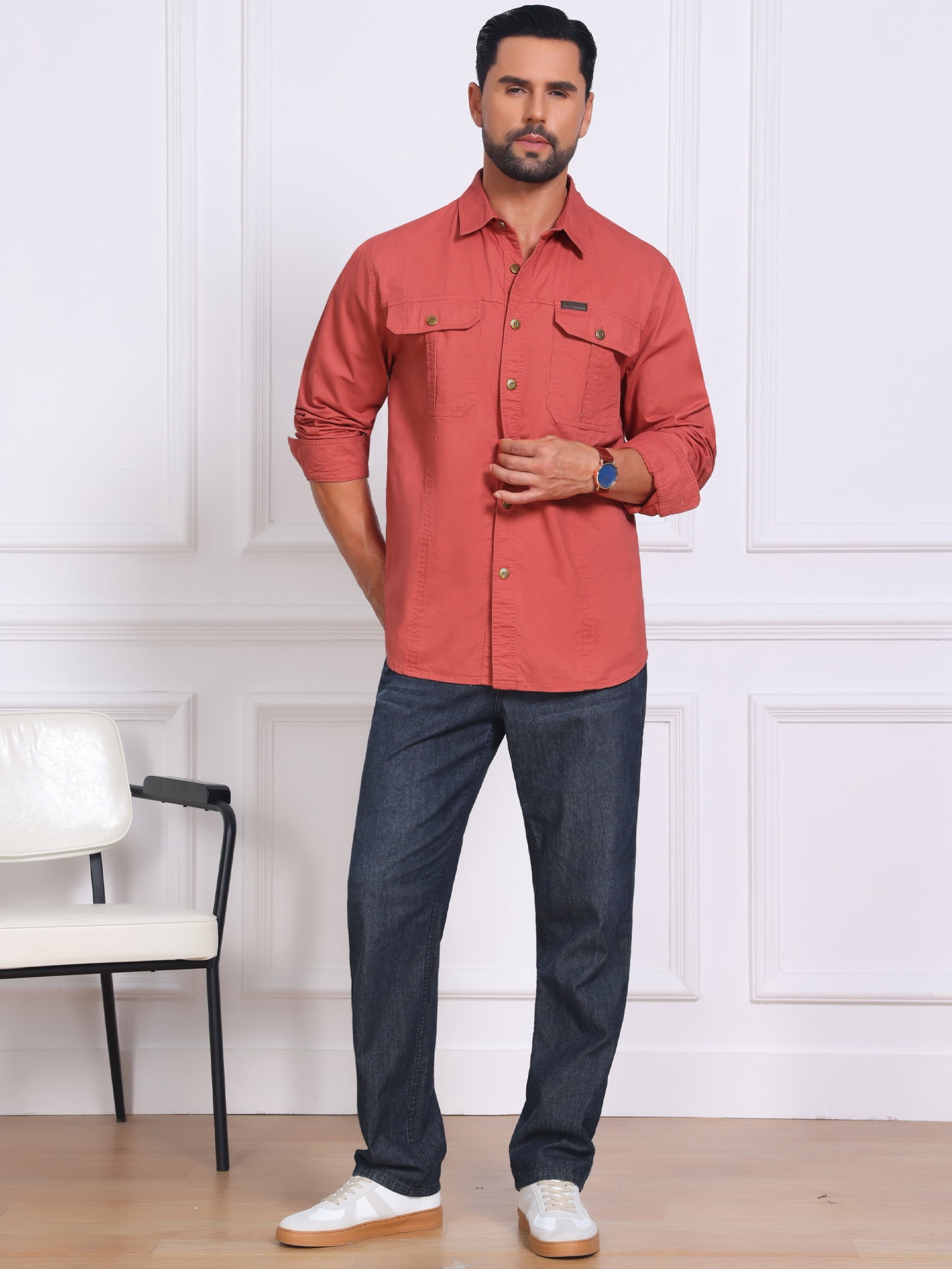 DARING DIVA Men's Casual Workwear Long Sleeve Button Down Hiking Shirts S Red