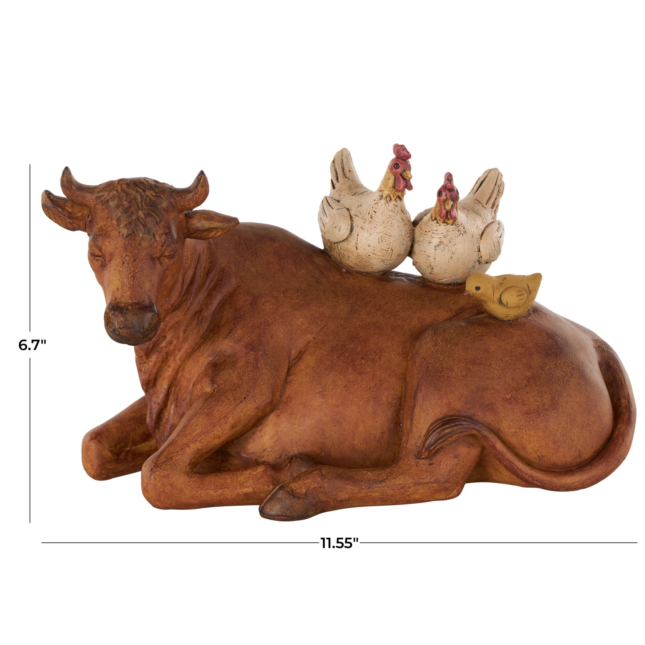 12" x 7" Copper Polystone Cow Sculpture with Sitting Roosters and Chicks, by DecMode