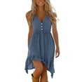 thumbnail image 2 of Guieoi Summer Dresses for Women under $10 Plus Size Solid-Color Casual Washed Wrinkle Button-Down Hem Asymmetrical Ruffled Sleeveless Dress Blue L, 2 of 6