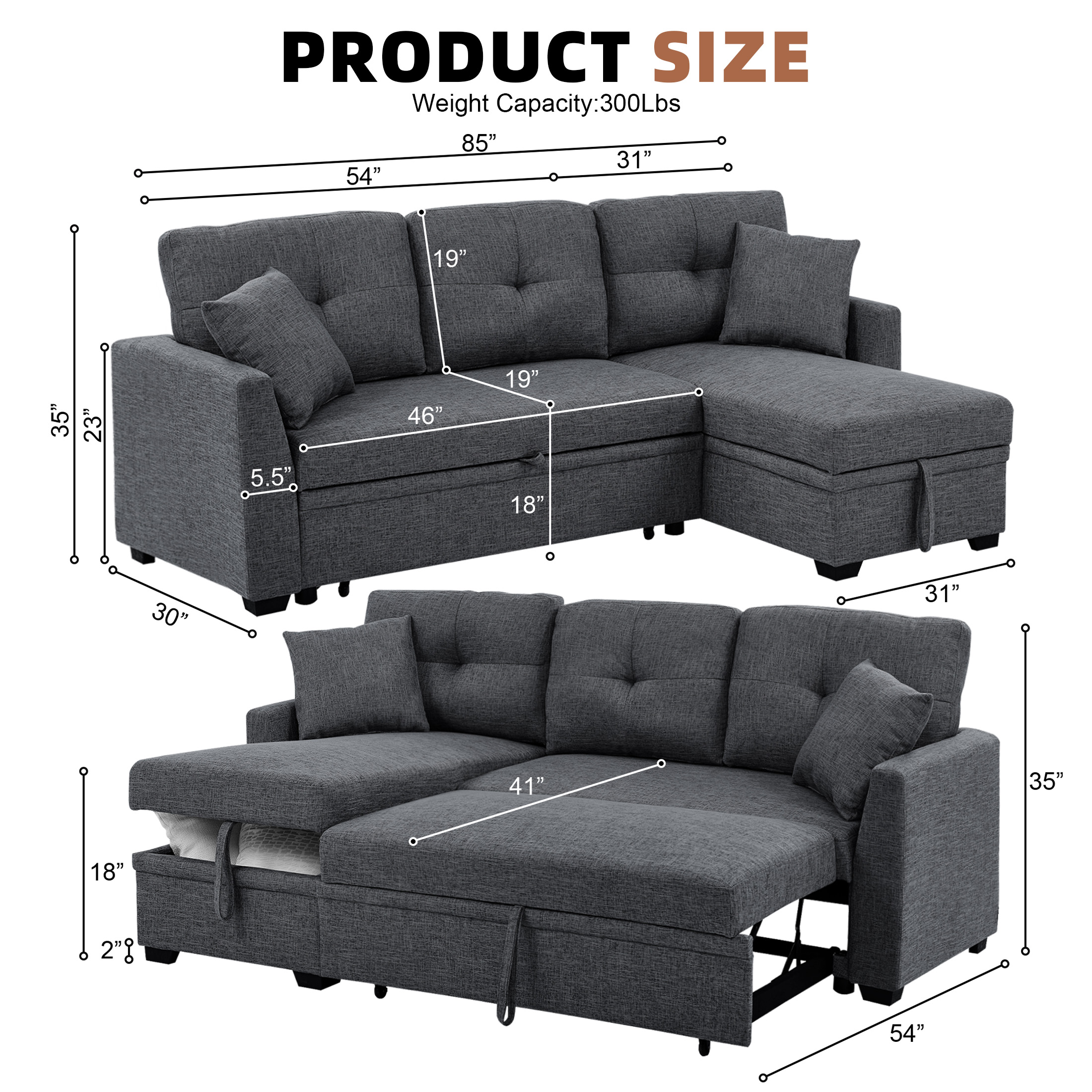 Aukfa Pull-Out Sleeper Sofa Bed with Storage Chaise, Reversible Loveseat for Living Room, Linen, Dark Gray