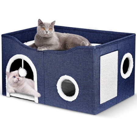 Heeyoo Cat House for Indoor Cats - Large Cat Bed Cave with Fluffy Ball and Scratch Pad, Foldable Cat Houses & Condos, Cat Cubes, Cat Hideaway, Covered Cat Bed for Multi Small Pet Large Kitty