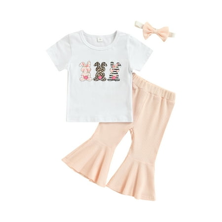 

Emmababy Toddler Girls Easter Outfit Bunny Rabbit Print T-shirt Bell Bottom Trousers and Bow-knot Headband Set