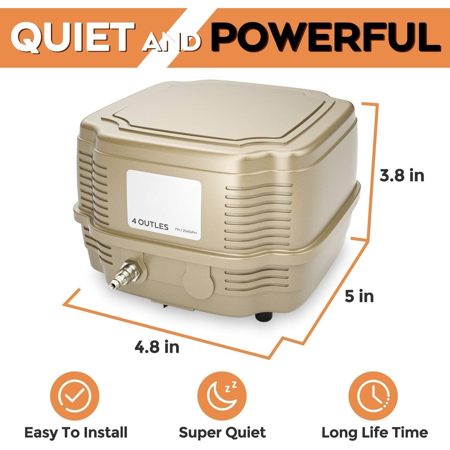 7W Ultra Silent Aquarium Air Pump - 245 Gallon/Hr, 4 Adjustable Outlets - Commercial & Hydroponics Oxygen Bubbler for Fish Tank & Pond