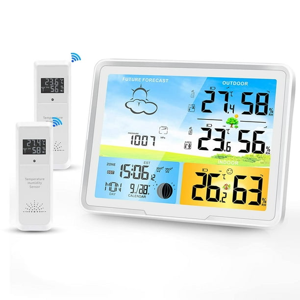 SINMI Station météo sans fil avec 2 capteurs extérieurs, écran LCD couleur  7,5 Thermomètre hygromètre intérieur extérieur sans fil 