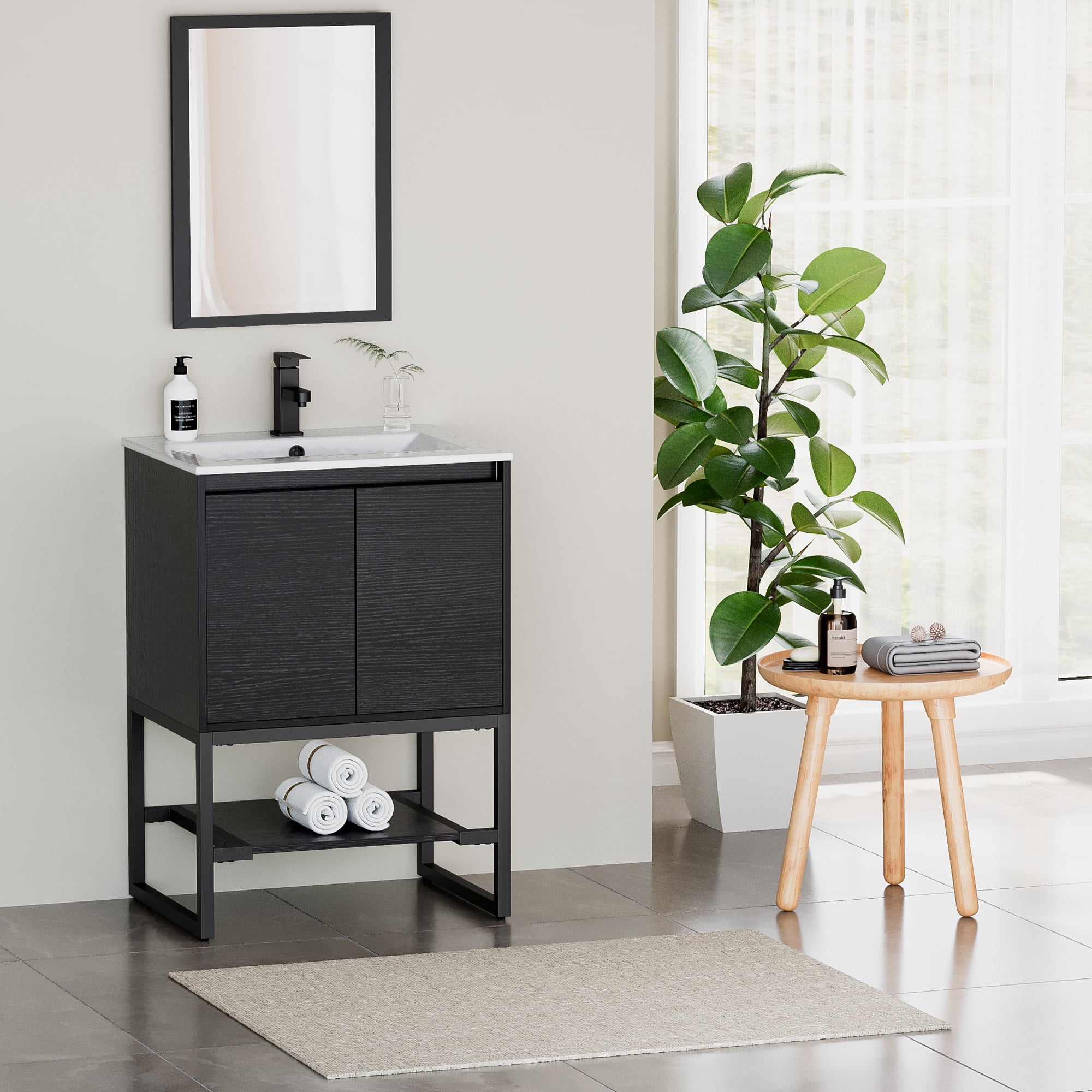 Eclife 24 Inch Bathroom Vanity with Sink Top, Zinc Alloy Faucet, Drain, Black