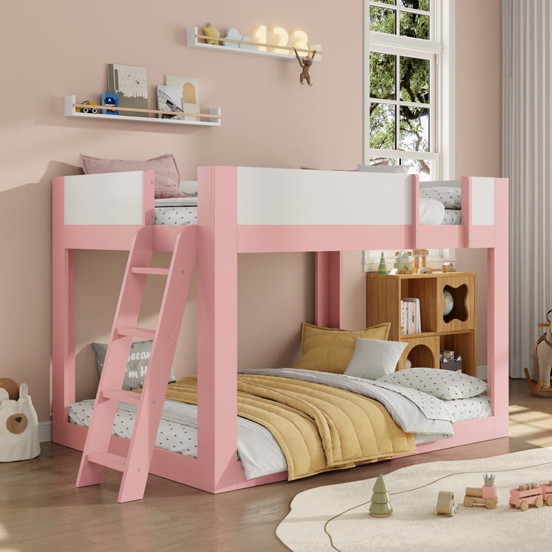 Full-Over-Full Low-Profile Bunk Bed with Guardrails, Wooden Kids Bed with Reversible Ladder, Accent Two-Tone Bed Frame