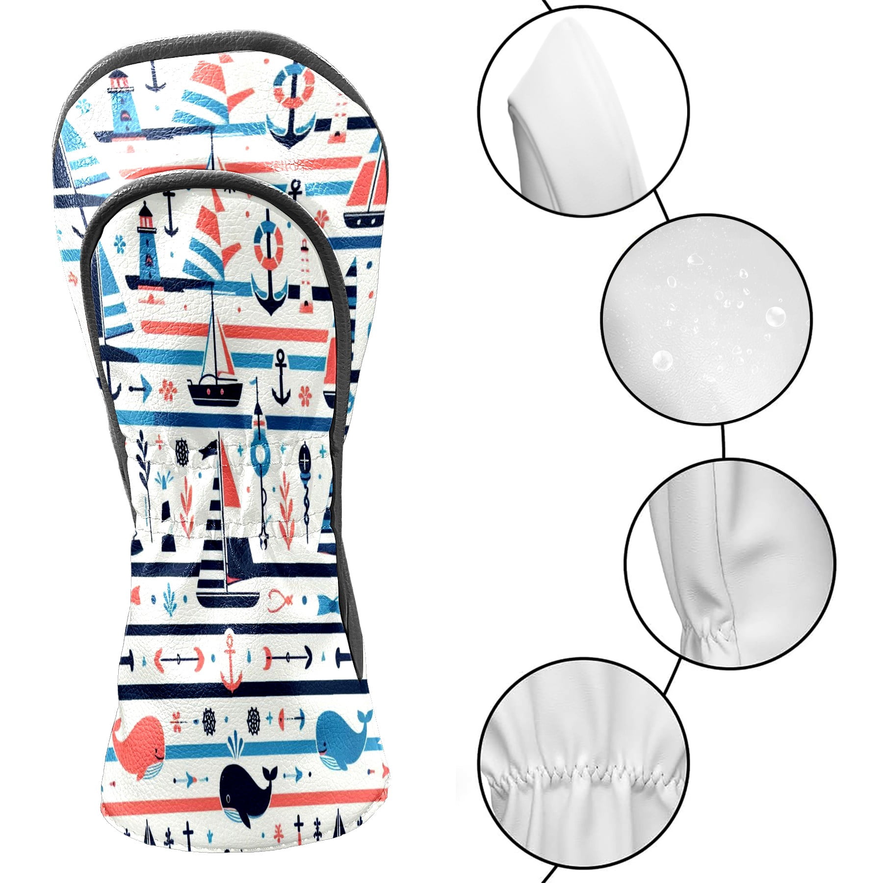 Golf Club Covers, Multicolor Nautical Icons Premium PU Leather Driver Hybrid Putter Head Covers with Velvet Lining, Waterproof Golf Gifts for Men Women