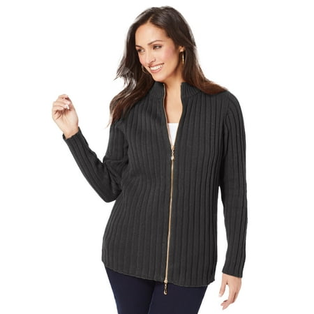 Jessica London Women's Plus Size Ribbed Zipper Cardigan Sweater